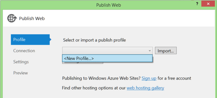 Publish Web Dialog - adding a new profile