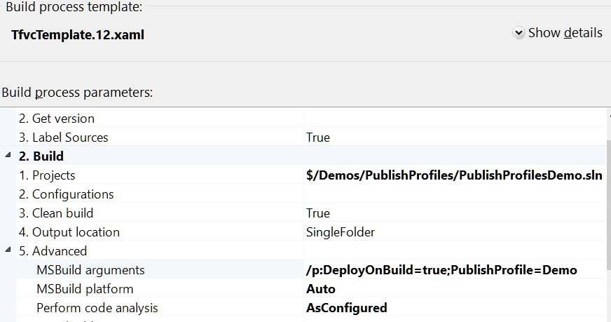 TFS Build Definition Process Tab